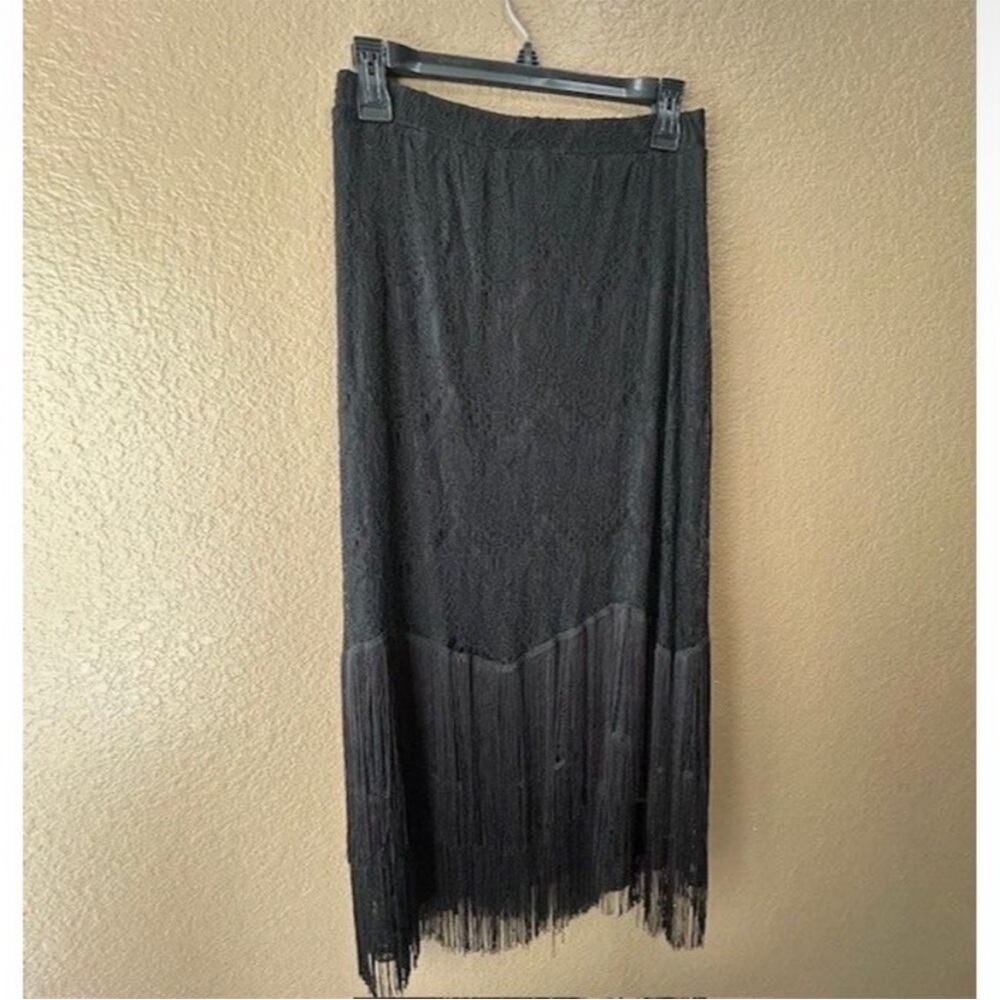 Vintage Black Lace Midi Skirt with Fringe Hem